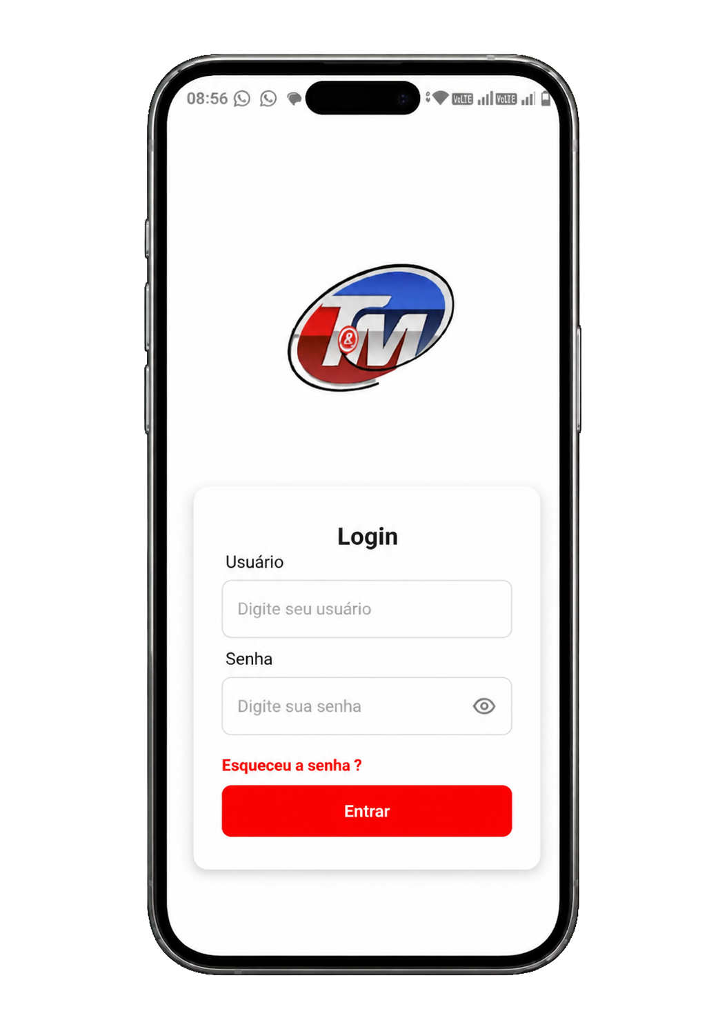 Mockup do celular com o aplicativo T&M Rastreadores